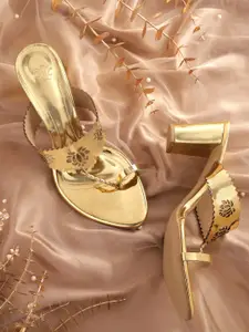 House of Pataudi House of Pataudi Women Golden Solid Ethnic Block Heel Sandals with Laser Cuts