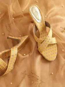 House of Pataudi House of Pataudi Women Yellow & Golden Printed Ethnic Slim Heel Sandals