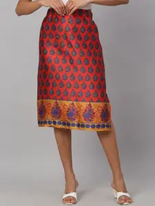 NEUDIS Women Red & Blue Printed Straight Knee-Length Skirt