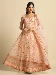 Atsevam Pink & Gold-Toned Embroidered Thread Work Tie and Dye Semi-Stitched Lehenga & Unstitched Blouse With