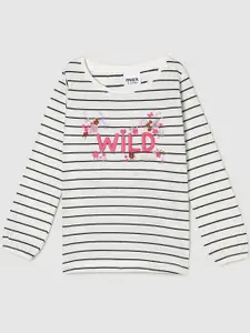 max Girls Cream-Coloured Typography Striped Pure Cotton T-shirt