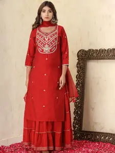 KAAJH Women Red Floral Embroidered Sequinned Pure Silk Kurta with Skirt & With Dupatta