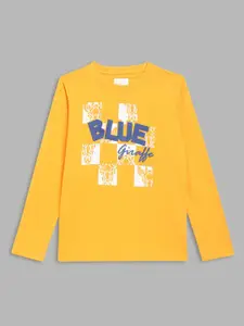 Blue Giraffe Boys Yellow Typography Printed Pure Cotton T-shirt