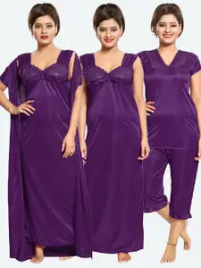 Romaisa Women Purple Maxi Nightdress Set With Set With Robe Top & Capri