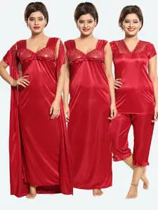 Romaisa Women Maroon Maxi Nightdress Set With Robe Top & Capri