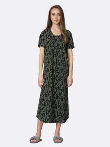 Van Heusen Women Cacti AOP Printed Round Neck Pleated Front Lounge Night Gown
