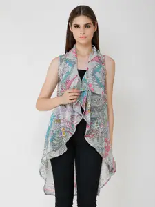 Cation Women Blue & Pink Printed Longline Waterfall Shrug