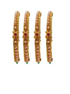 FEMMIBELLA Set Of 4 Gold-Plated White & Red Stone-Studded & Pearl Beaded Bangles