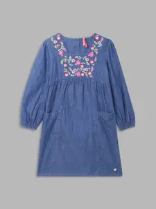 Blue Giraffe Girls Blue Embroidered A-Line Dress