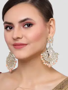 KARATCART Women Peach Gold Plated Beads and Pearl Studded Kundan Classic Drop Earrings