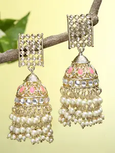KARATCART Women Gold Toned Gold Plated Pearl And Kundan Studded Classic Jhumkas Earrings