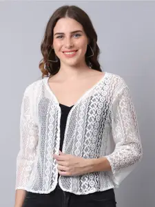 UnaOne Women Off White Pure Cotton Crop Lace Self Design Shrug