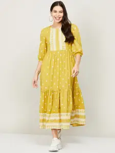Colour Me by Melange Yellow Cotton Ethnic Motifs Ethnic A-Line Midi Dress
