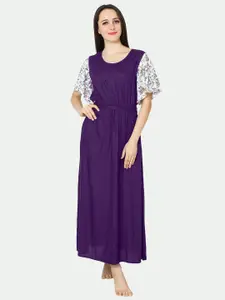 PATRORNA Women Purple Printed Maxi Nightdress