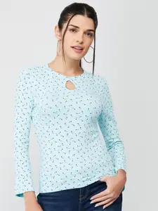 Fame Forever by Lifestyle Women Blue & Green Print Keyhole Neck Top