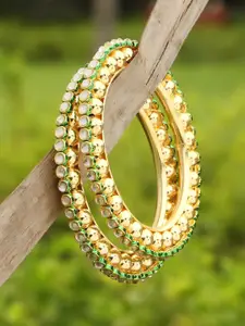 Adwitiya Collection Gold-Plated Green & White Kundan-Studded Bangles