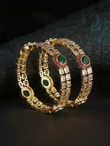 Adwitiya Collection Gold-Plated Green Diamond-Studded & Pearl Beaded Bangles