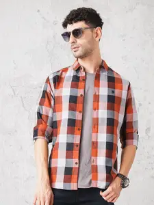 The Indian Garage Co Men Rust Red & Black Checked Pure Cotton Casual Shirt