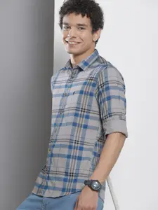 The Indian Garage Co Men Grey & Blue Checked Pure Cotton Twill Weave Casual Shirt