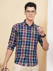 The Indian Garage Co Men Navy Blue & Grey Checked Pure Cotton Casual Shirt