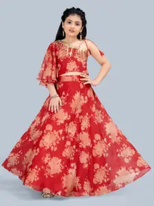 FASHION DREAM Girls Red & Gold-Toned Printed Ready to Wear Lehenga Choli