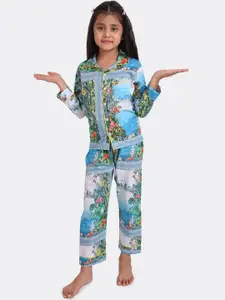 KOOCHI POOCHI Girls Blue & Green Pure Cotton Floral Printed Night suit