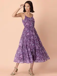 INDYA Women Purple & Blue Floral Georgette Shoulder Straps Midi Dress