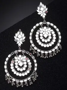 KARATCART Women Silver Toned Silver Plated Mirror Studded Round Shape Drop Earrings