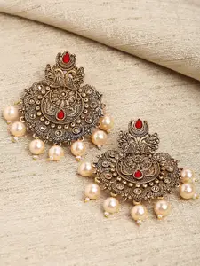 KARATCART Women Red Gold Plated Pearl & Kundan Classic Drop Earrings