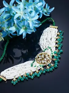 DUGRISTYLE Women Green & White Sterling Silver Gold-Plated Kundan & Pearls Chokar Necklace