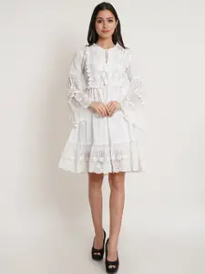 IX IMPRESSION White Floral Embroidered Tie-Up Neck Bohemian Pom-Pom Dress