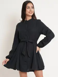 IX IMPRESSION Black Cotton Tie-Up Shirt Style Mini Dress