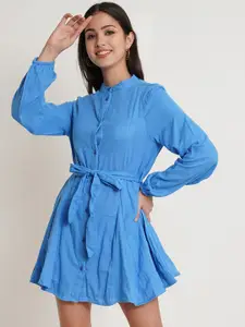IX IMPRESSION Blue Solid Fit & Flare Mini Dress