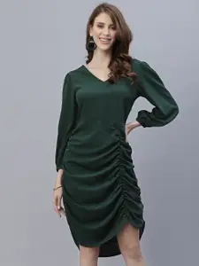 RAASSIO Green Solid Crepe Ruched Sheath Dress