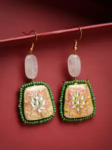 DUGRISTYLE Pink & Green Kundan & Pearls Drop Earrings