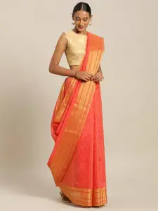 Florence Orange & Gold-Toned Checked Zari Art Silk Saree