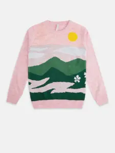 Pantaloons Junior Girls Pink & Green Printed Pullover Sweater