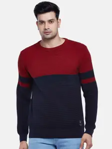 People Men Red & Navy Blue Colourblocked Pullover