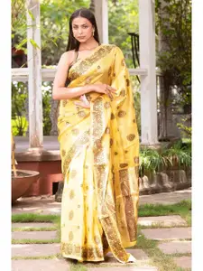 KARAGIRI Yellow & Brown Woven Design Silk Blend Banarasi Saree