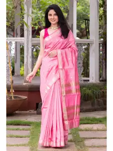 KARAGIRI Women Pink & Gold Ethnic Motifs Zari Pure Cotton Banarasi Saree