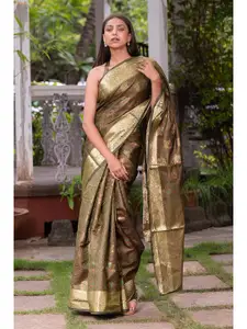 KARAGIRI Women Beige & Olive Green Woven Design Zari Organza Banarasi Saree
