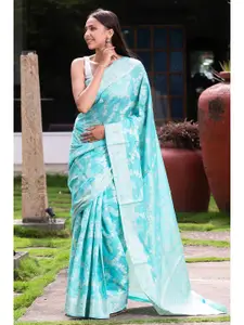 KARAGIRI Women Blue & Silver-Toned Floral Zari Banarasi Saree