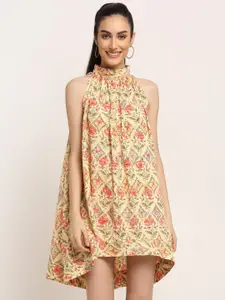 Aawari Women Cream & Pink Floral Printed A-Line Dress