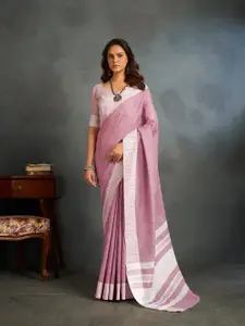 elora Pink & White Solid Linen Blend Saree