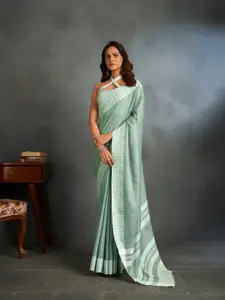 elora Green & Silver-Toned Solid Linen Blend Saree