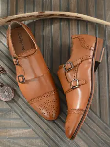 San Frissco Men Tan Brown Textured  Formal Monk Shoes