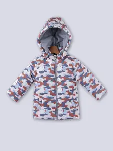 Beebay Boys White& Brown Camouflage Printed Hooded Puffer Jacket