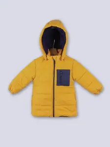 Beebay Boys Mustard Yellow & Navy Blue Contrast Patch Pocket Hooded Puffer Jacket