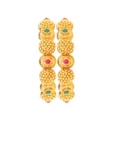 FEMMIBELLA Set Of 2 Gold-Plated Green & Red Stone-Studded & Pearl Beaded Bangles