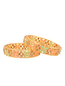 FEMMIBELLA Set Of 4 Gold-Plated Peach-coloured & Green Stone-Studded Bangles